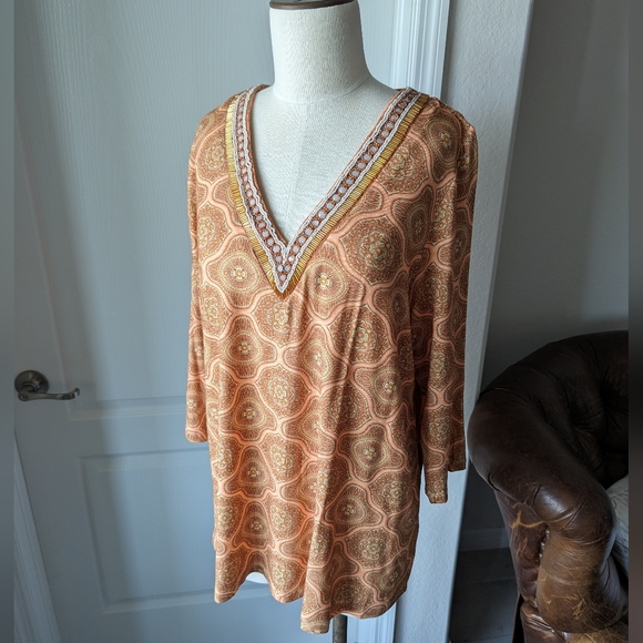 Soft Surroundings Tops - NWT Soft Surroundings Orange Melon Print with Beaded V-Neckline